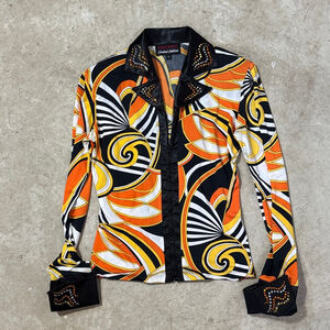 Hobby Horse Western Show Shirt Women's Small Orange Black White Equestrian Zip